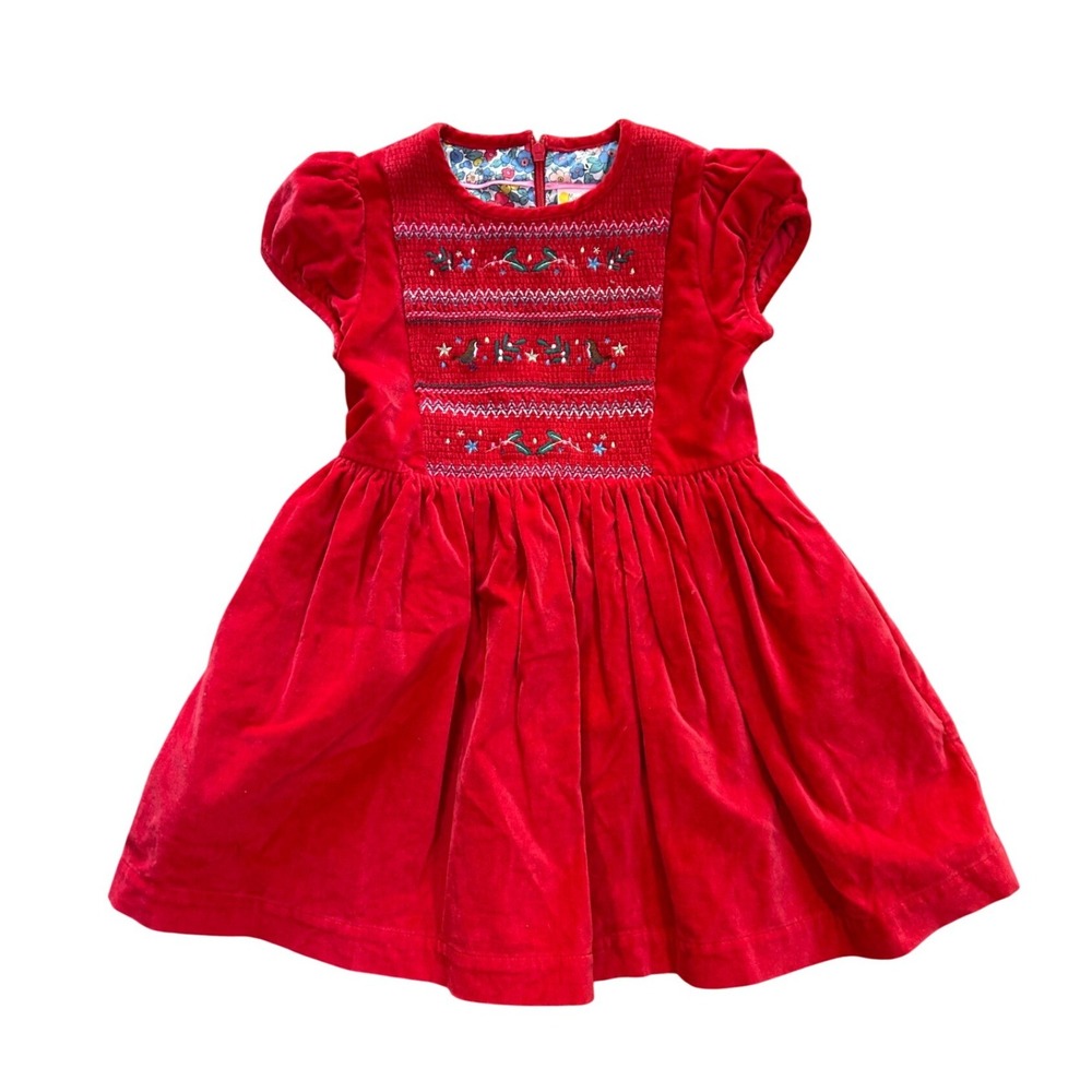 Mini Boden Girls Red Velvet Smocked Bird Holiday Boho Dress 4-5Y